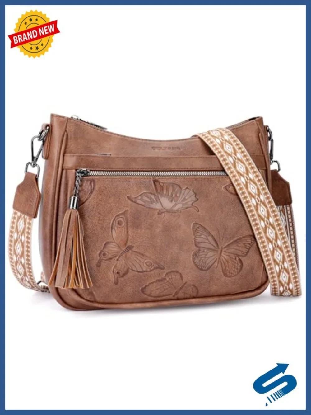 Vegan Leather Hobo Crossbody Purse with Adjustable Strap Butterfly Embossed